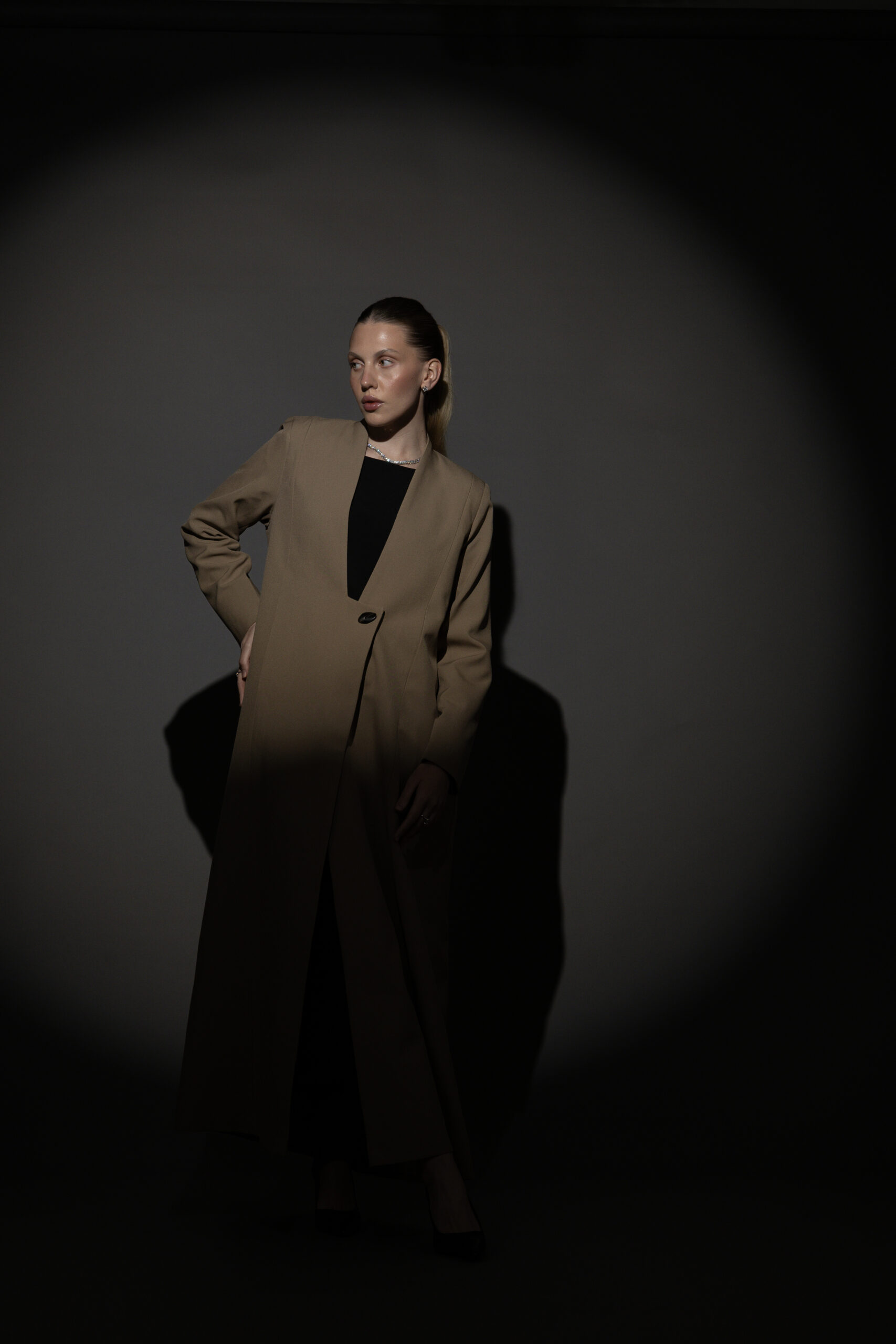 Straight Cut Taupe Abaya with a Statement Button - Image 3