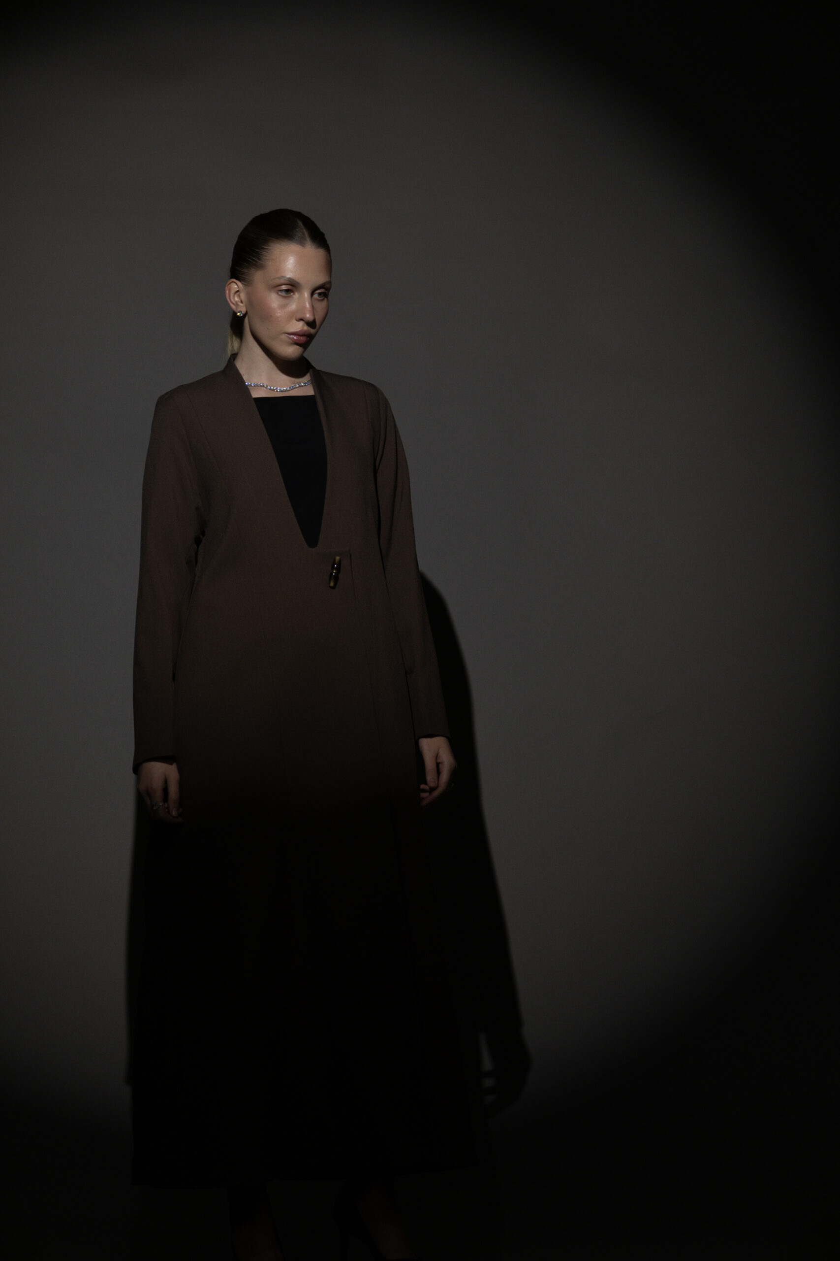 Straight Cut Mocha Abaya with a Statement Button - Image 1