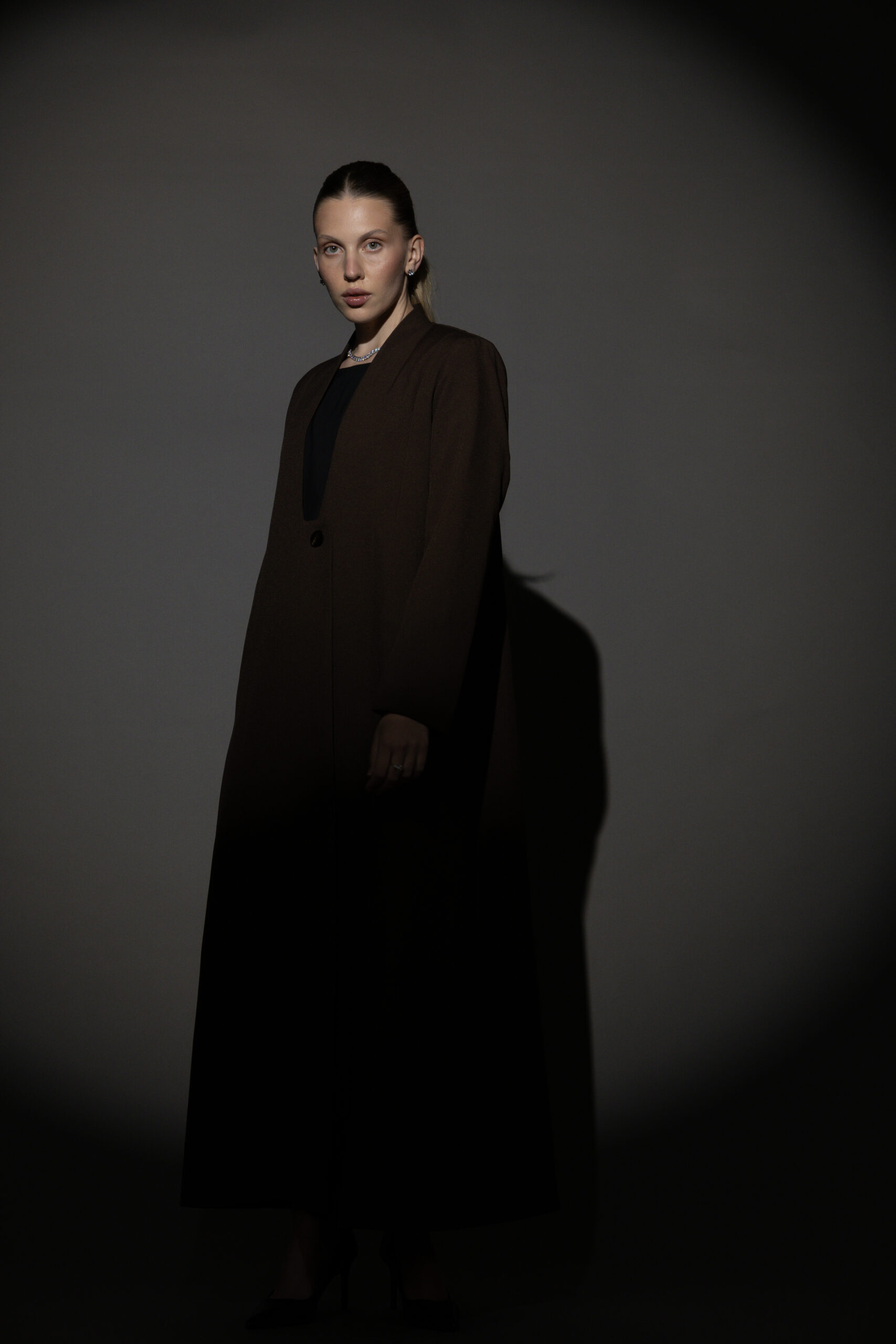Straight Cut Brown Abaya with a Statement Button - Image 4