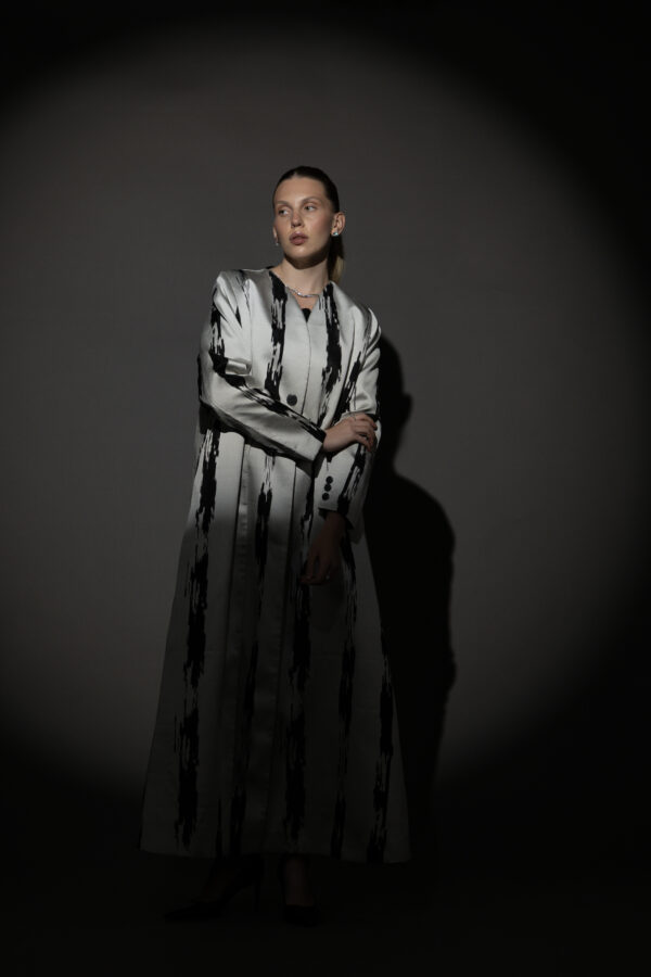 Grey and Black Pattern Blazer with Black Buttons