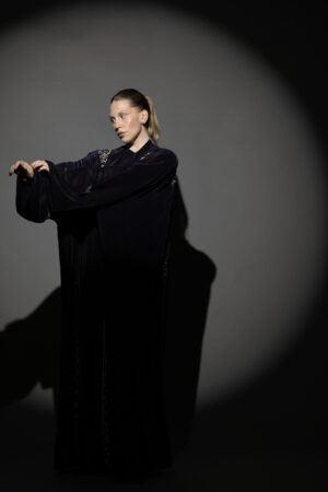 Grey Velvet Abaya with Light Blush Embroidery - Image 2