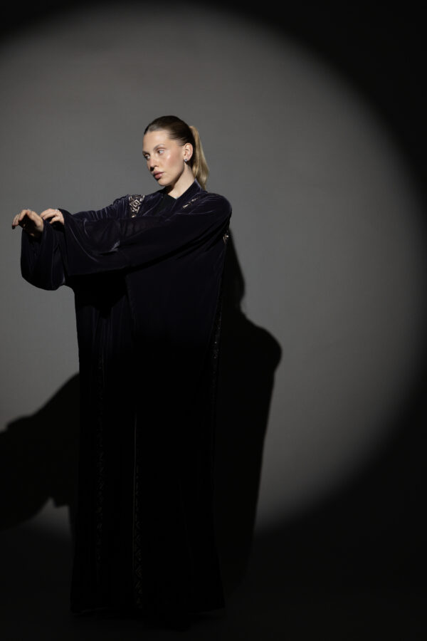 Grey Velvet Abaya with Light Blush Embroidery