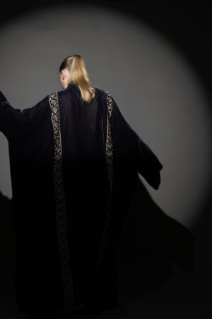 Grey Velvet Abaya with Light Blush Embroidery - Image 3