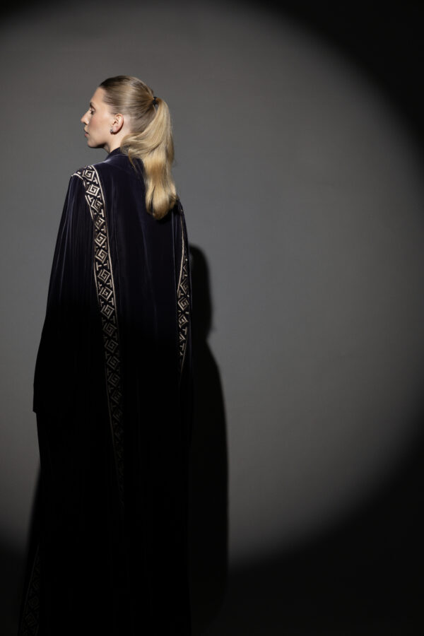 Grey Velvet Abaya with Light Blush Embroidery