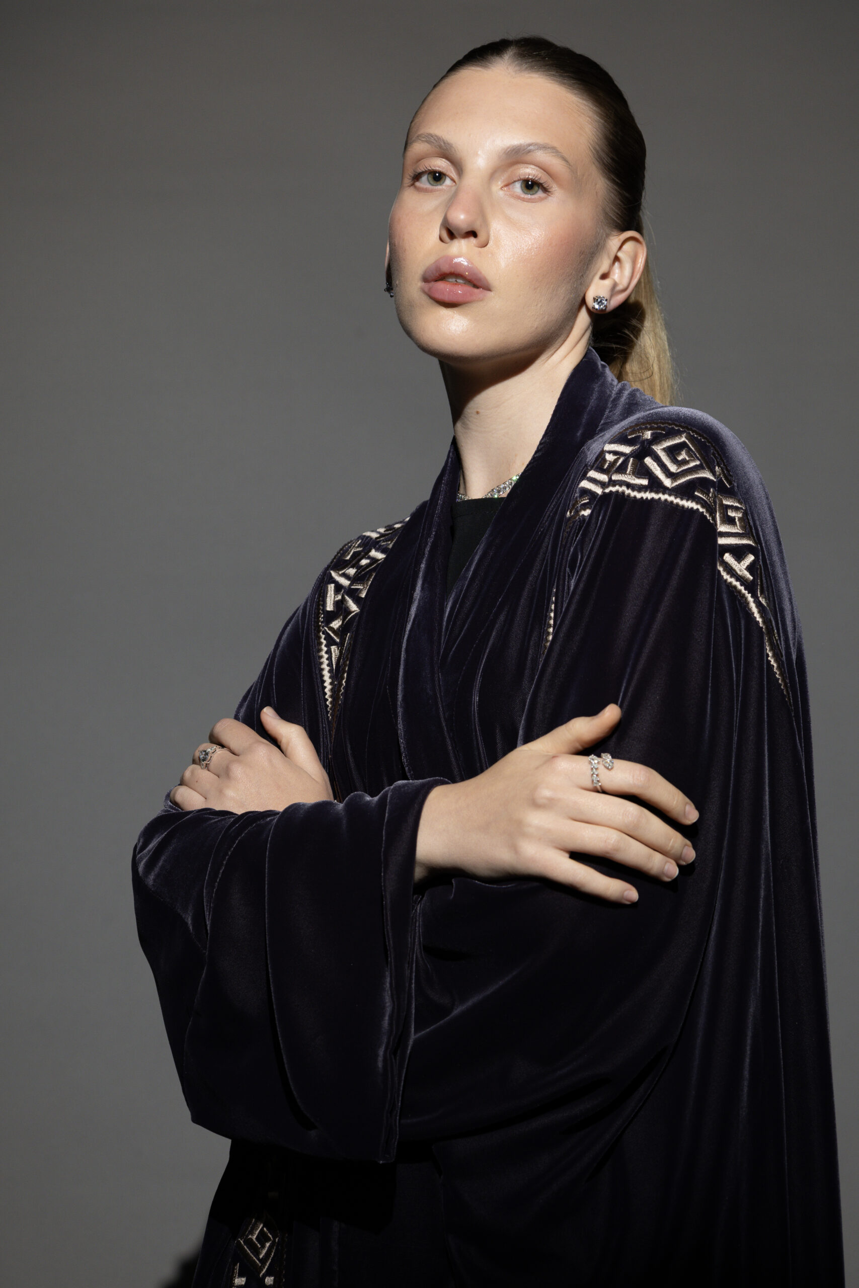 Grey Velvet Abaya with Light Blush Embroidery - Image 1