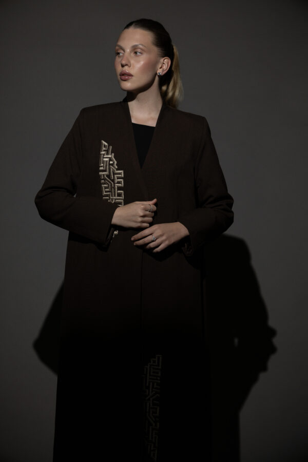 Brown Crepe Blazer with Taupe Embroidery