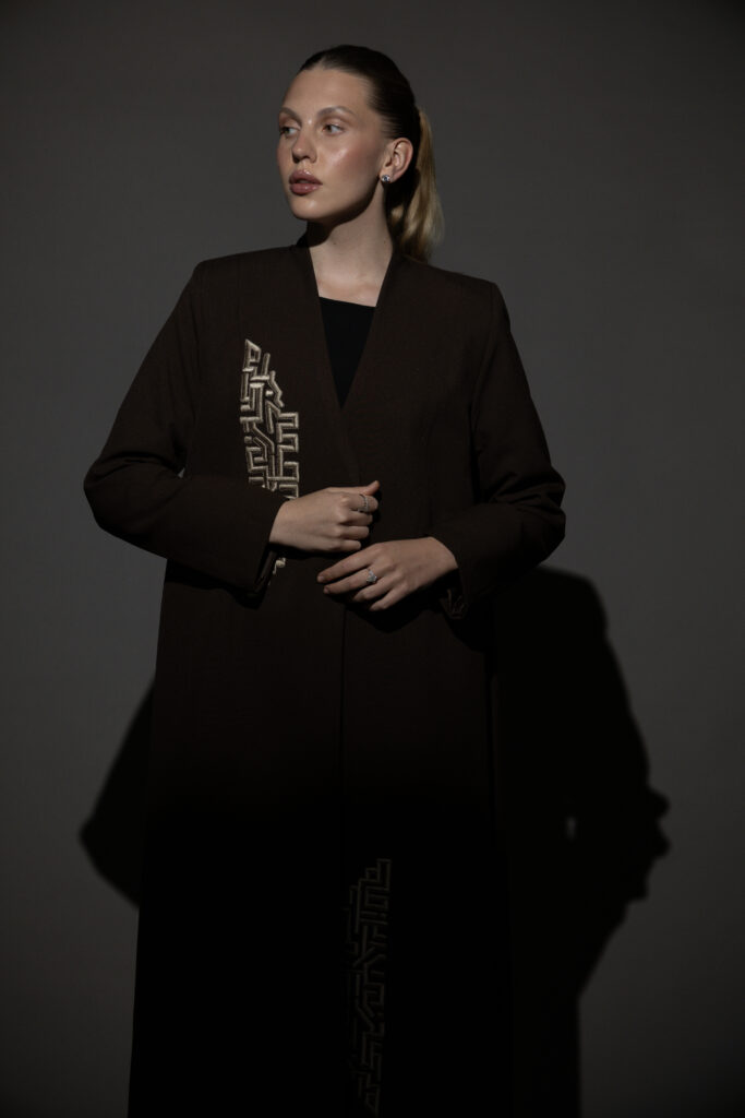 Brown Crepe Blazer with Taupe Embroidery