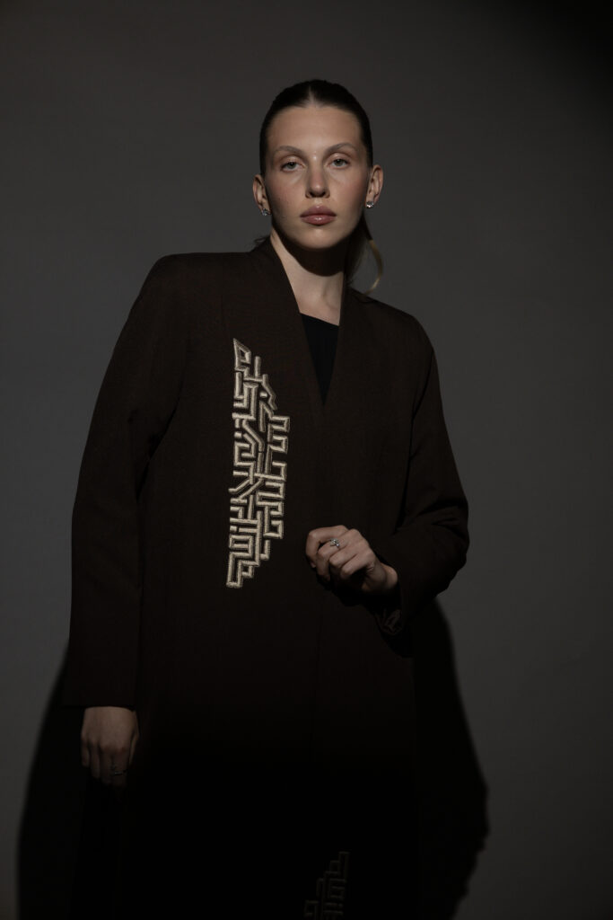 Brown Crepe Blazer with Taupe Embroidery