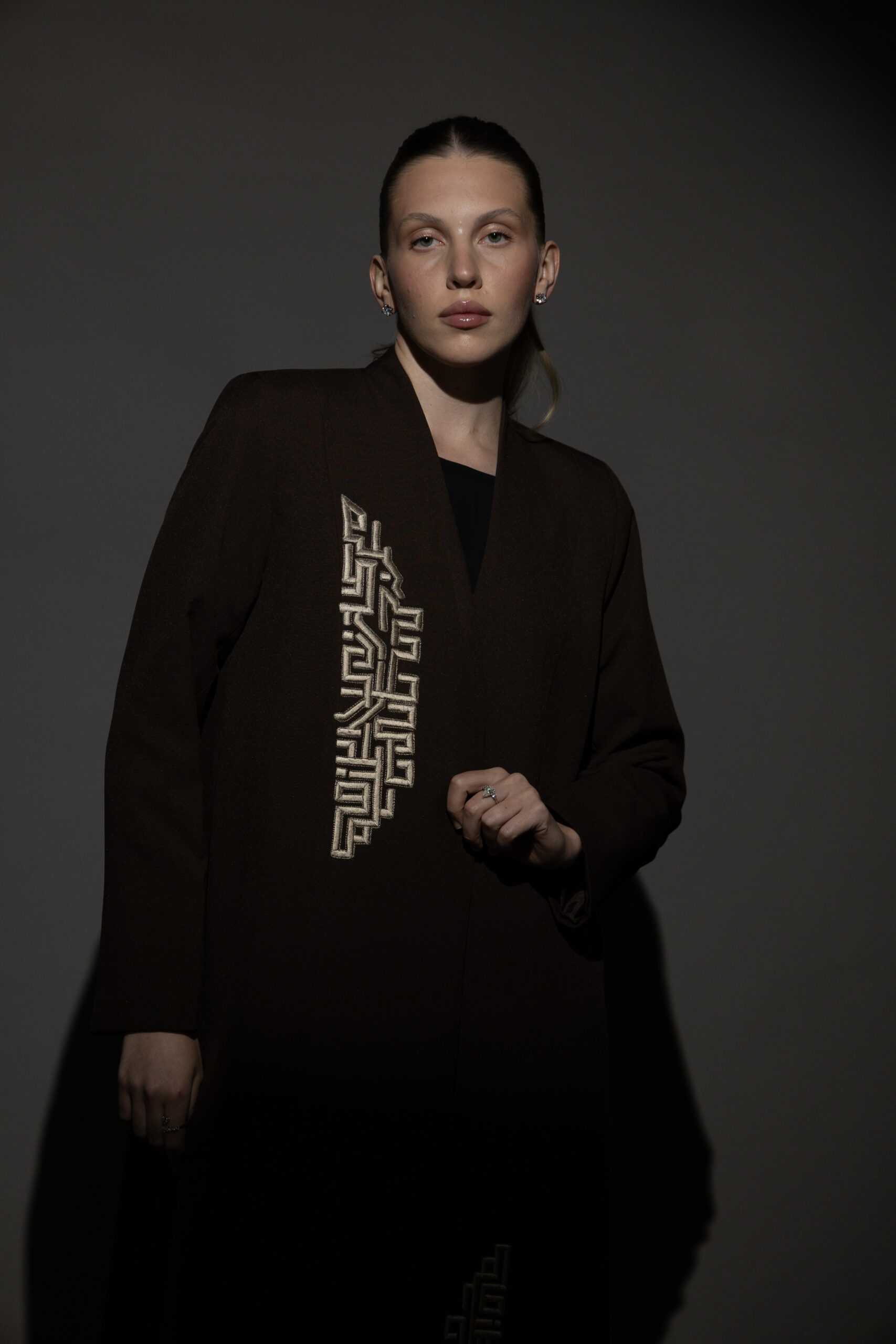Brown Crepe Blazer with Taupe Embroidery - Image 1