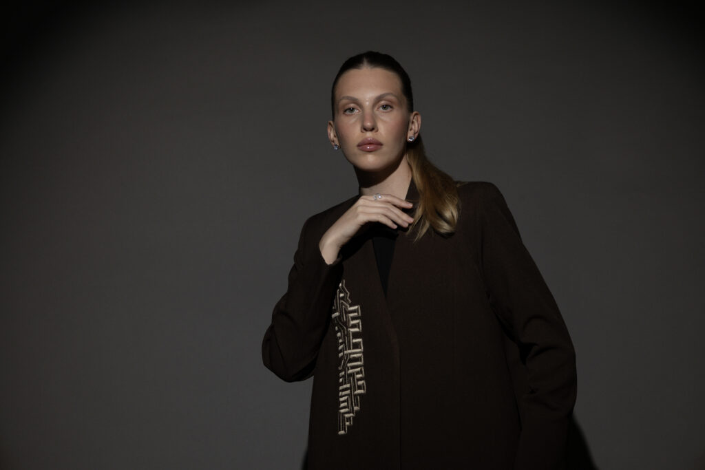 Brown Crepe Blazer with Taupe Embroidery