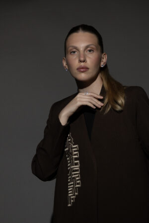 Brown Crepe Blazer with Taupe Embroidery - Image 3