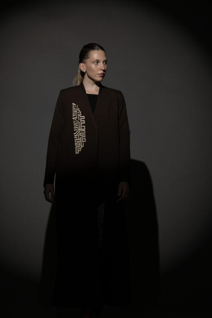 Brown Crepe Blazer with Taupe Embroidery