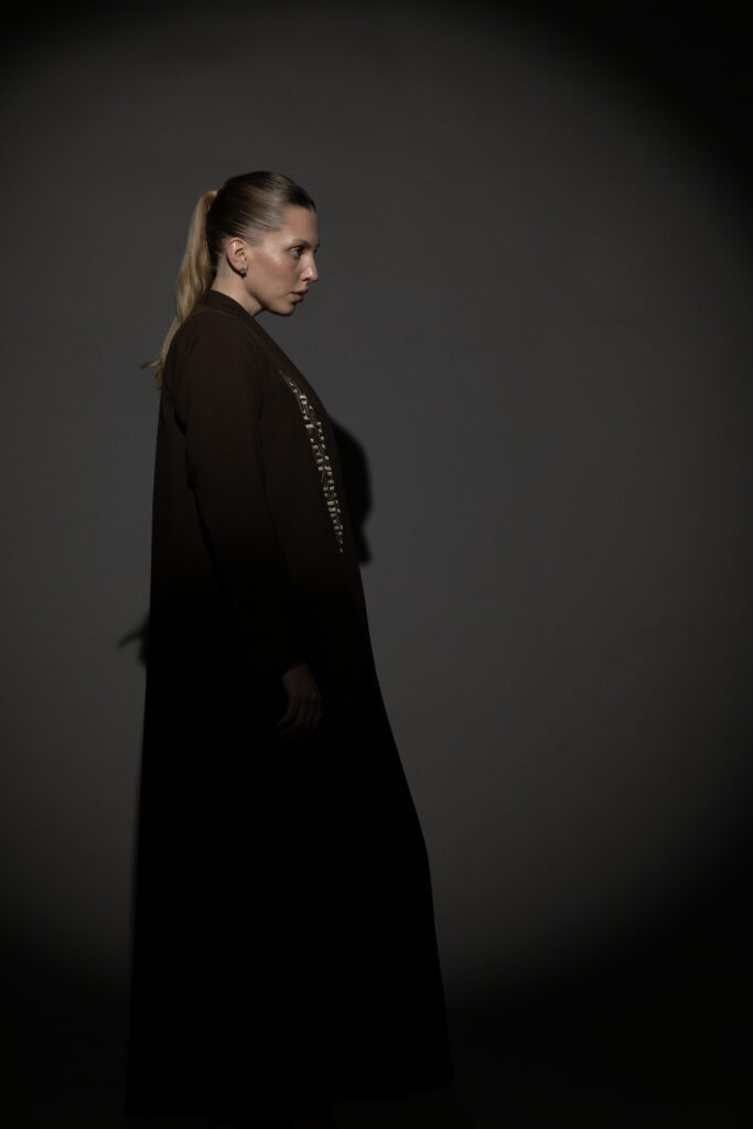Brown Crepe Blazer with Taupe Embroidery
