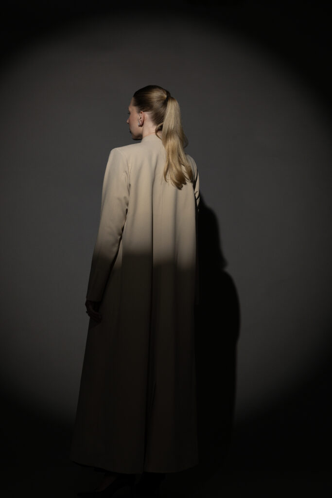 Beige Crepe Blazer with Black Embroidery