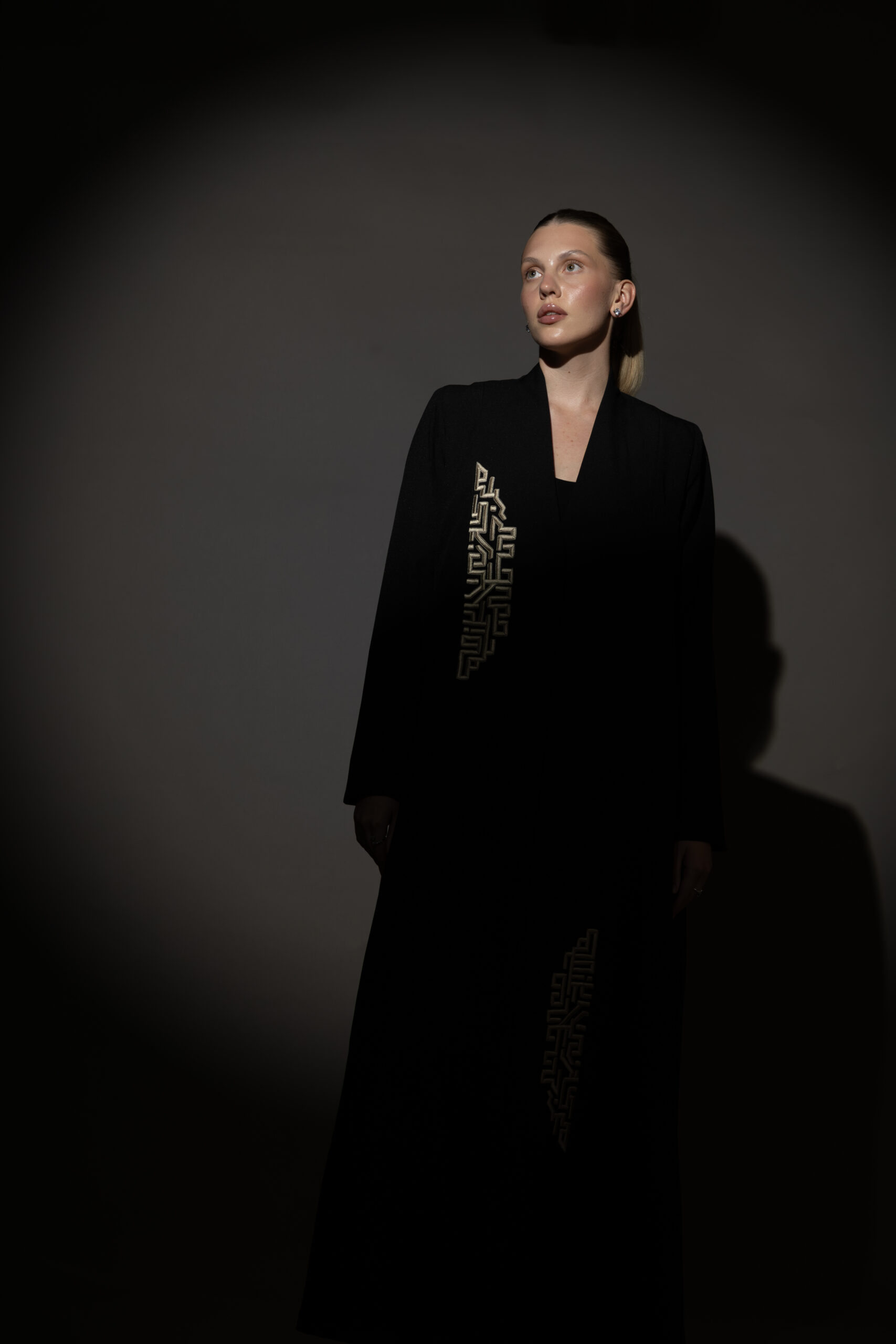 Black Crepe Blazer with Taupe Embroidery - Image 1