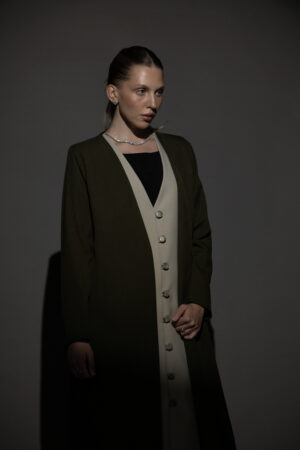 Olive Green And Beige Full Button Blazers