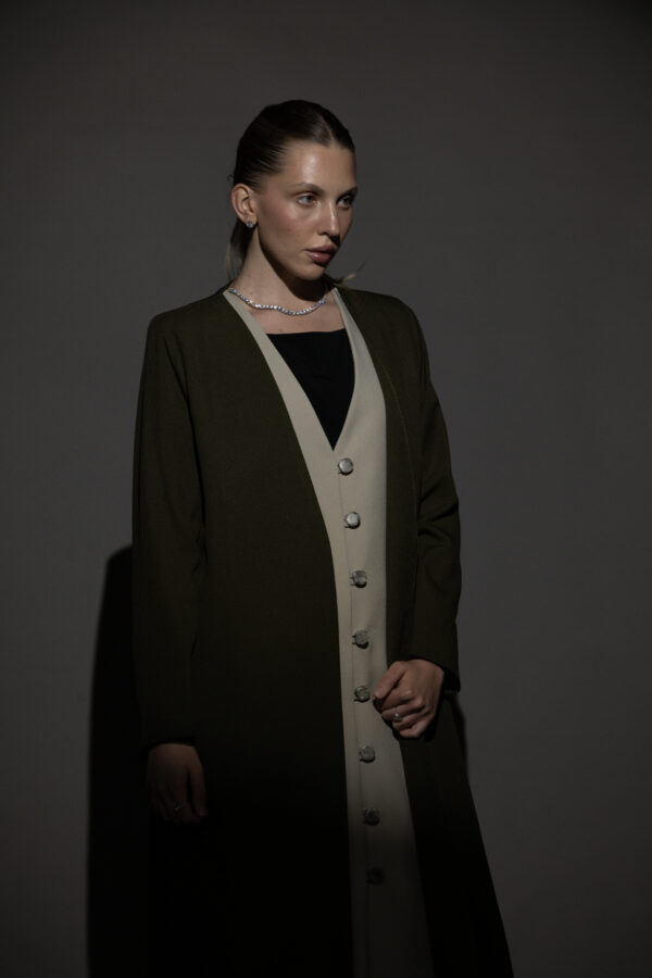 Olive Green And Beige Full Button Blazers