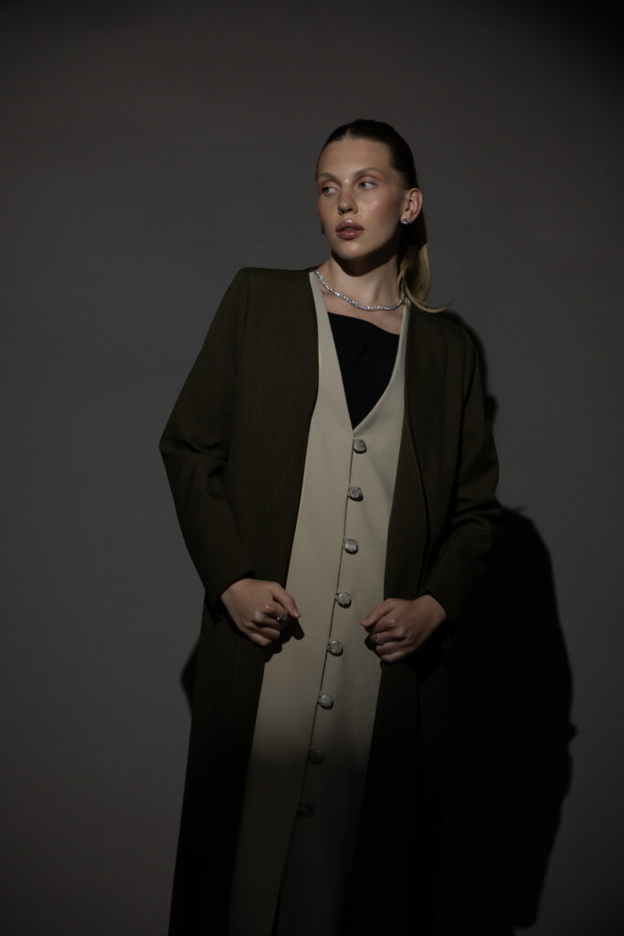 Olive Green And Beige Full Button Blazers