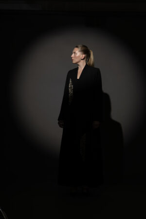 Black Crepe Blazer with Taupe Embroidery - Image 2