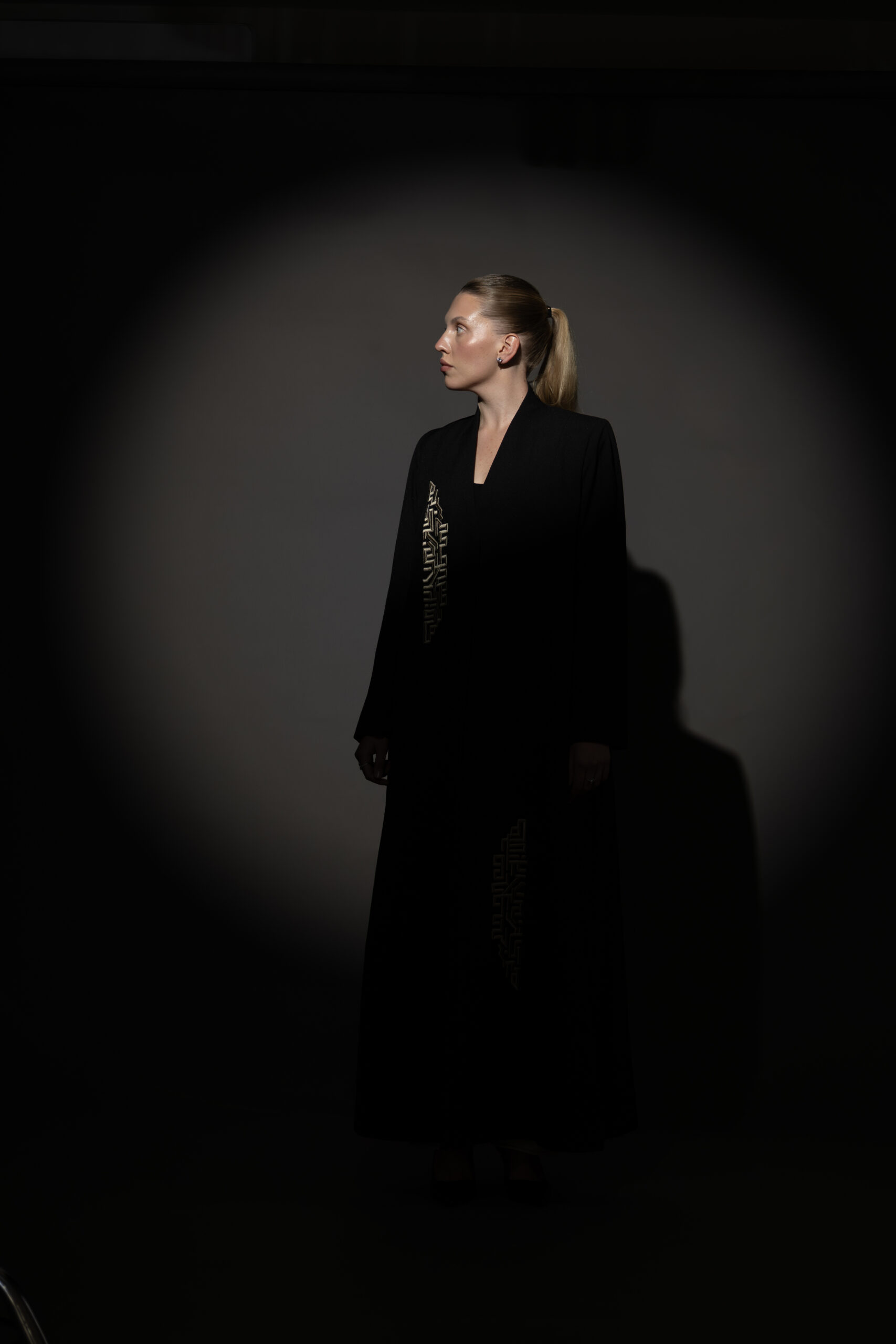 Black Crepe Blazer with Taupe Embroidery - Image 2