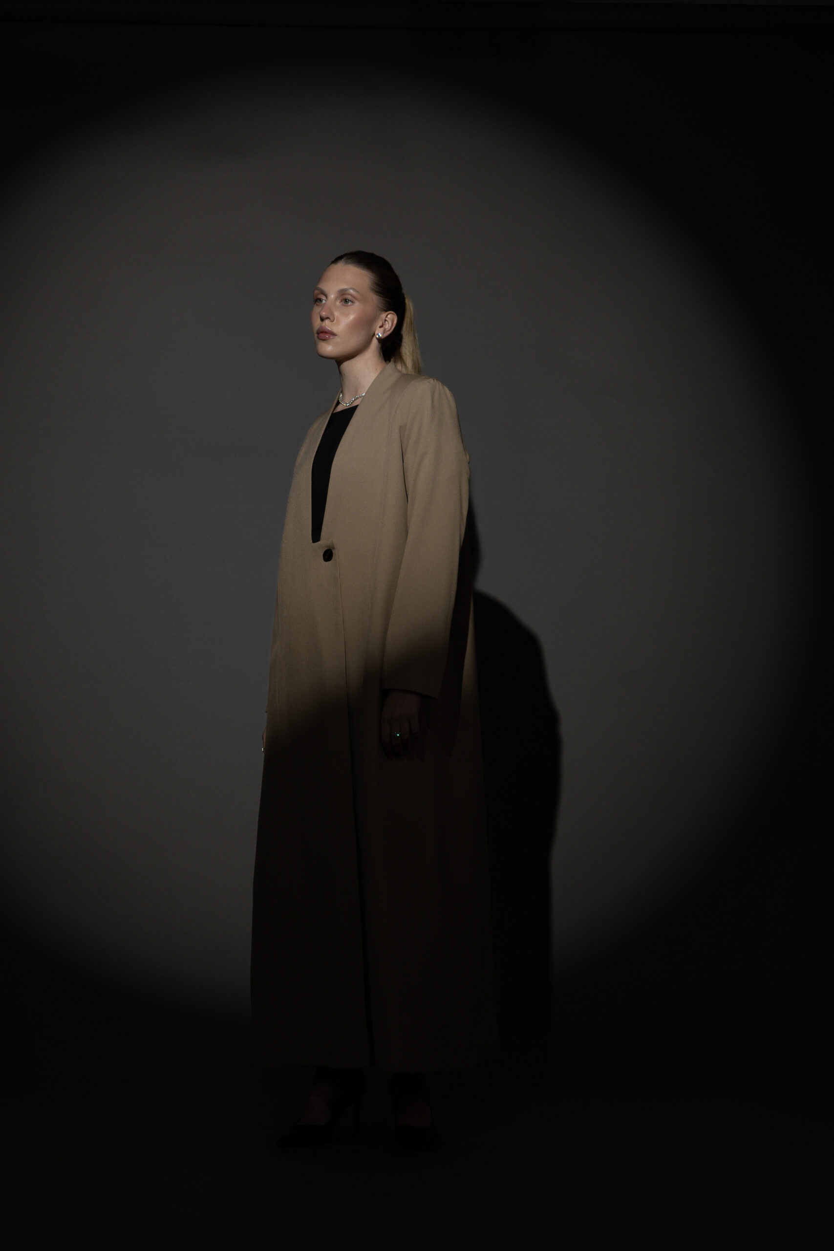 Straight Cut Taupe Abaya with a Statement Button - Image 2