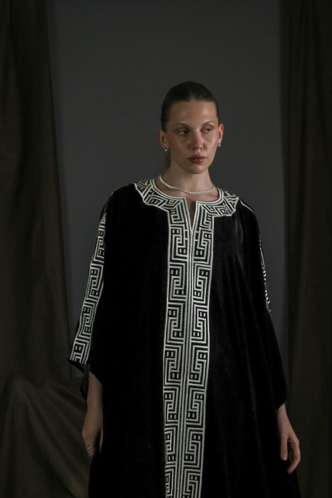 Brown Silk Velvet Kaftan with Cream Embroidery