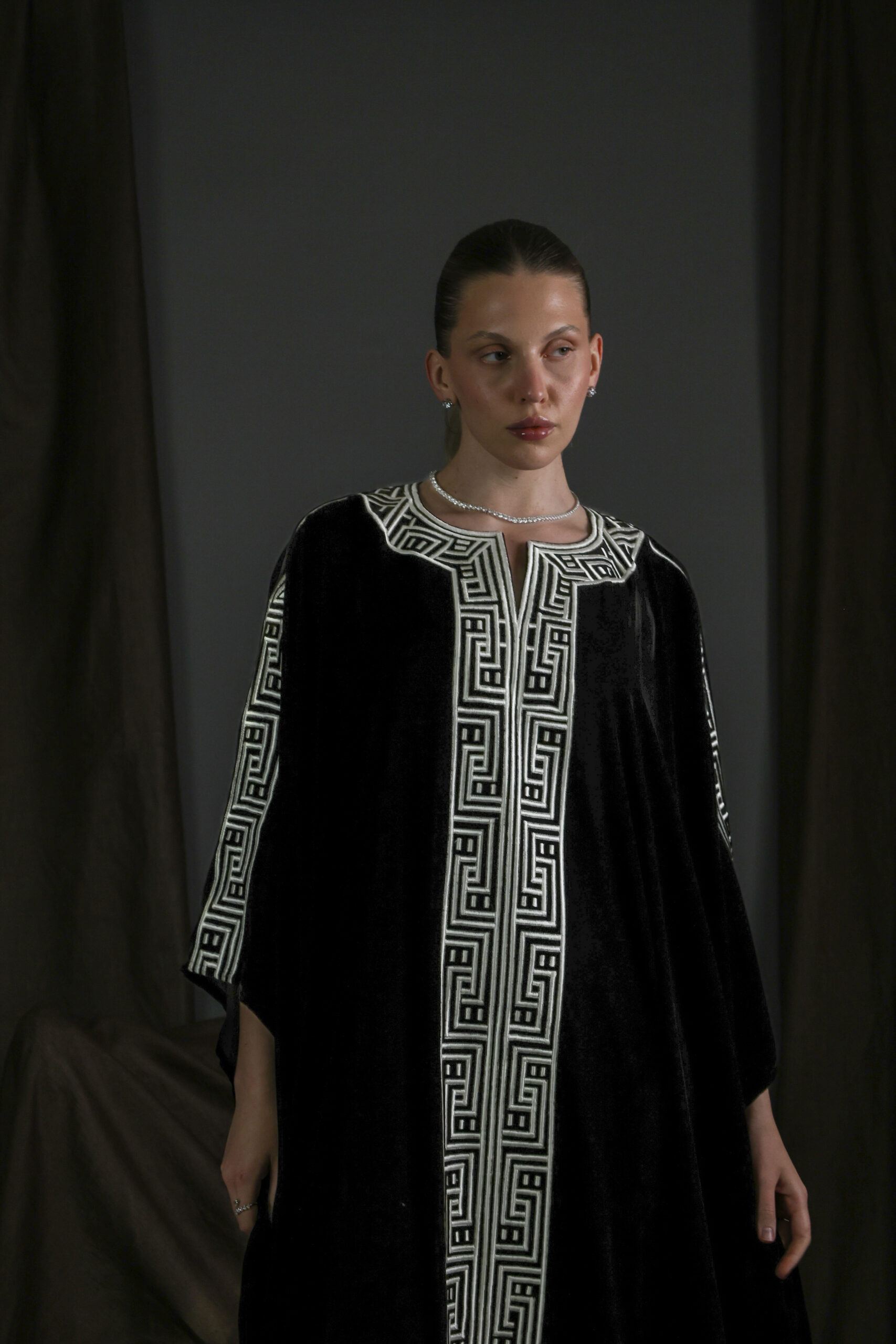 Brown Silk Velvet Kaftan with Cream Embroidery - Image 5