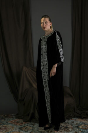 Brown Silk Velvet Kaftan with Cream Embroidery - Image 4
