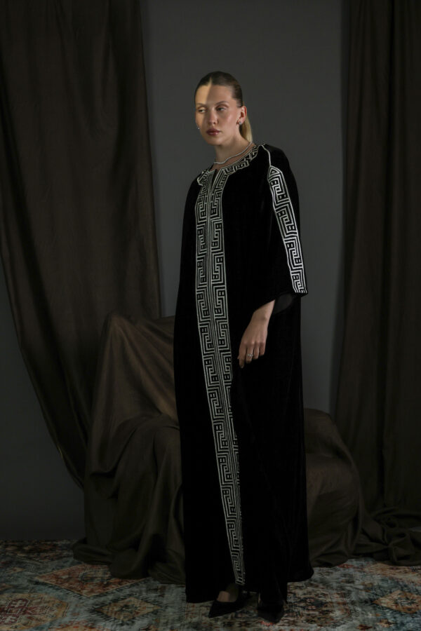 Brown Silk Velvet Kaftan with Cream Embroidery