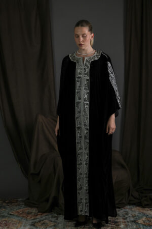 Brown Silk Velvet Kaftan with Cream Embroidery - Image 2