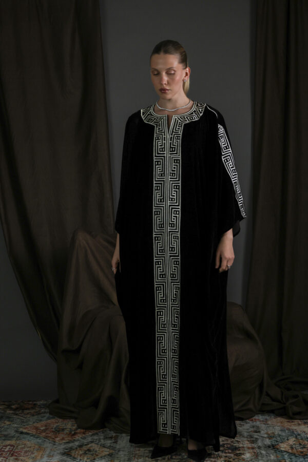 Brown Silk Velvet Kaftan with Cream Embroidery
