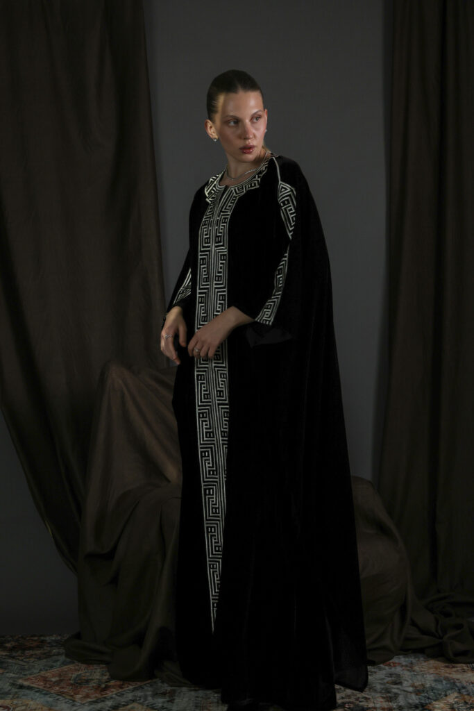 Brown Silk Velvet Kaftan with Cream Embroidery
