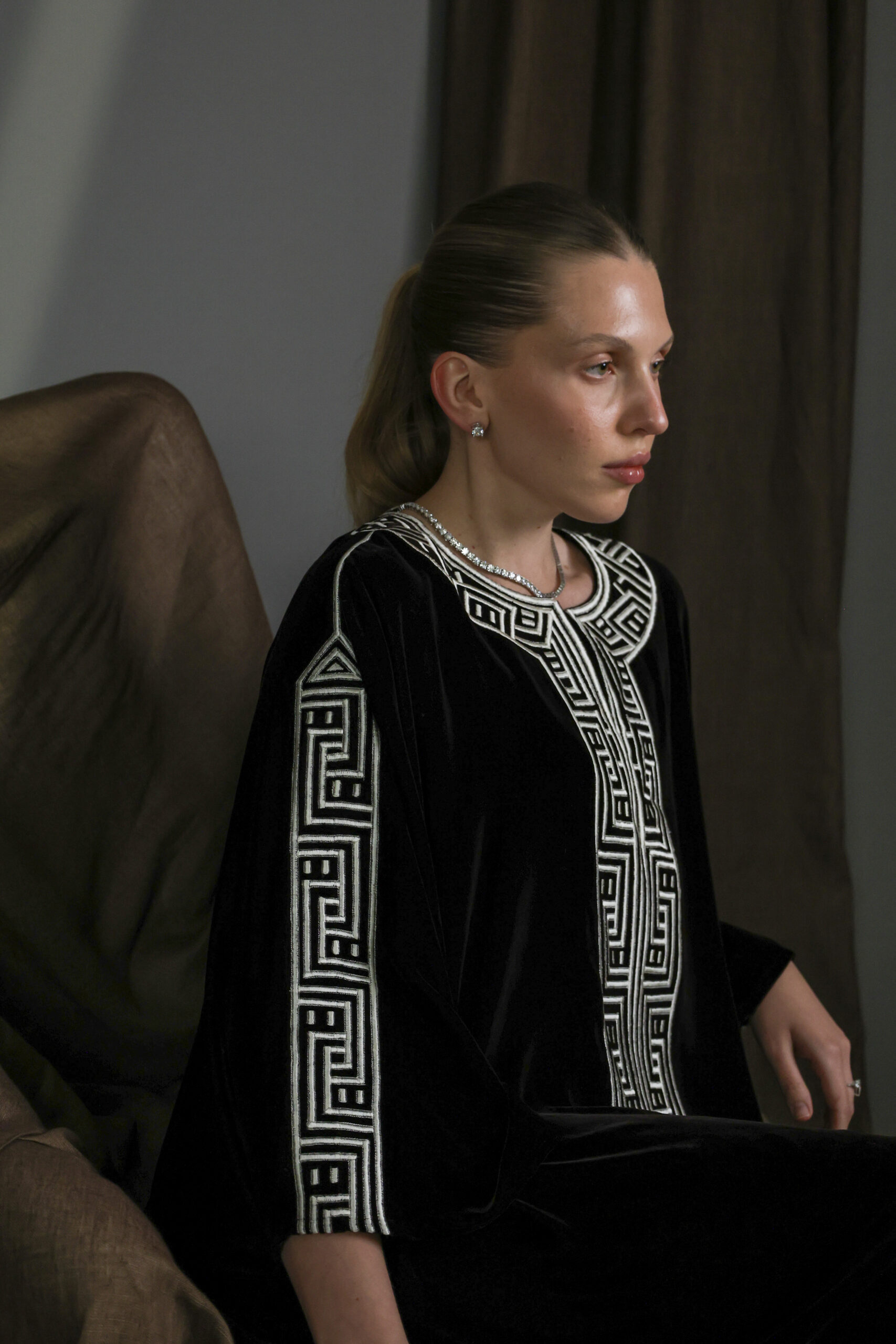 Brown Silk Velvet Kaftan with Cream Embroidery - Image 1