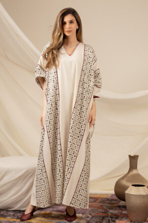 Linen Beige Kaftan with Maroon Piping - Image 3