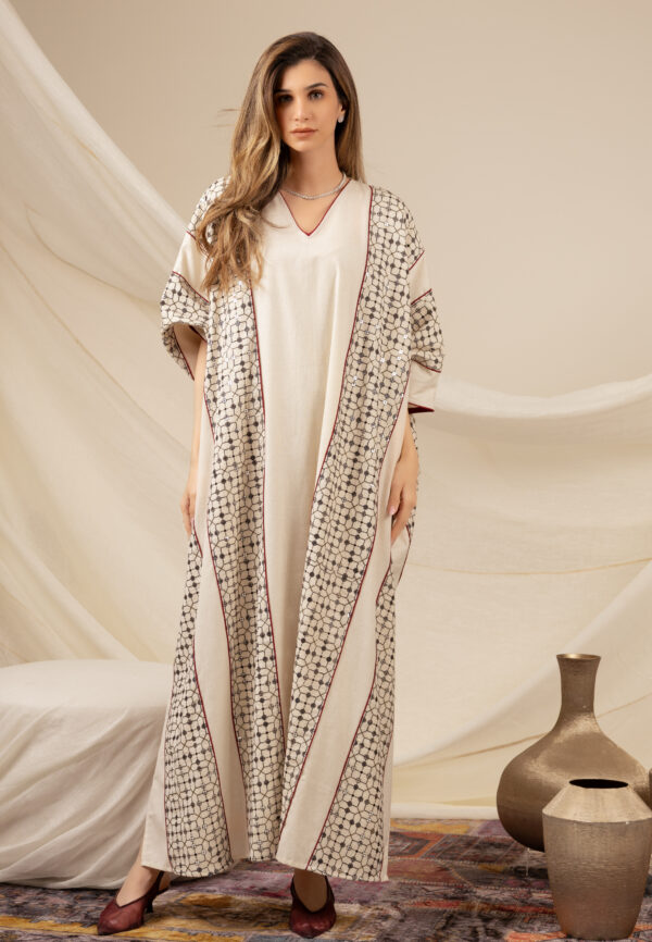 Linen Beige Kaftan with Maroon Piping