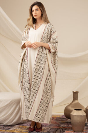 Linen Beige Kaftan with Maroon Piping - Image 2
