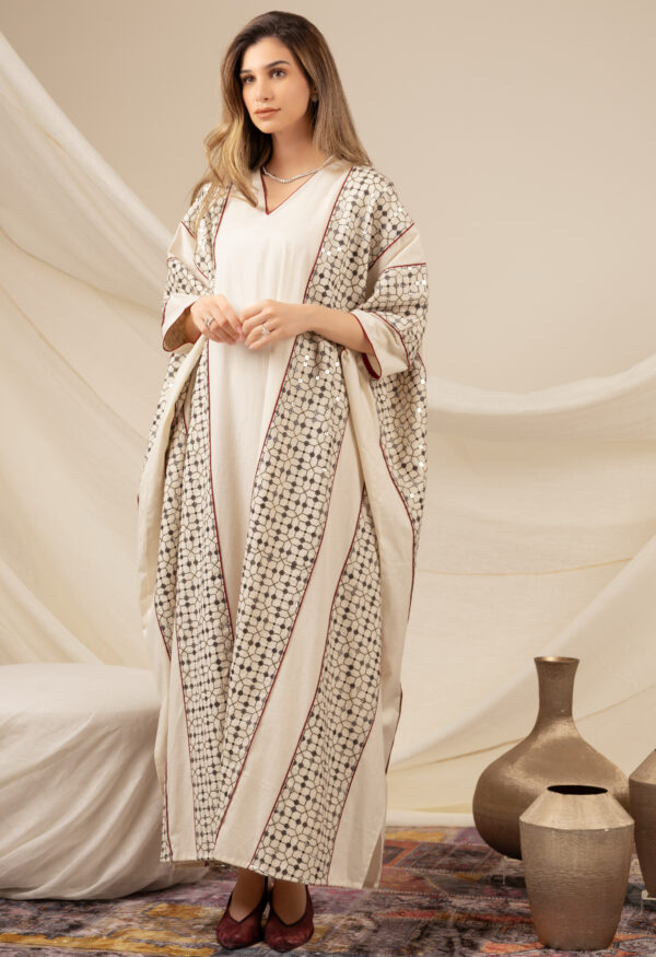 Linen Beige Kaftan with Maroon Piping