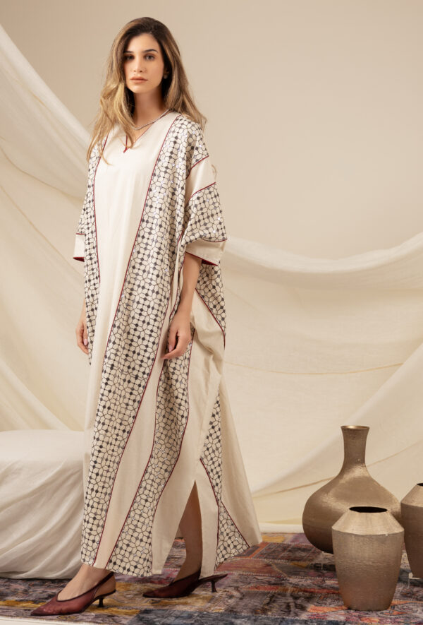 Linen Beige Kaftan with Maroon Piping