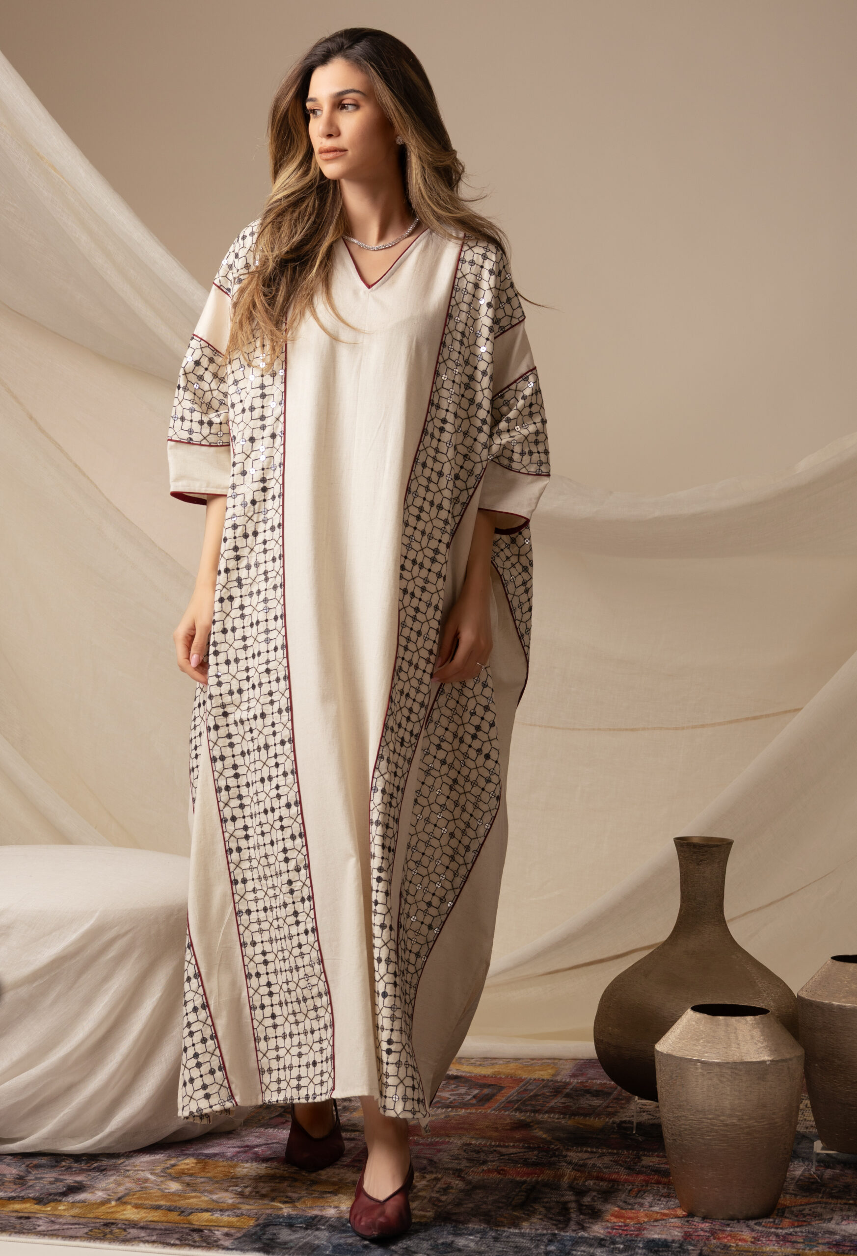Linen Beige Kaftan with Maroon Piping - Image 5