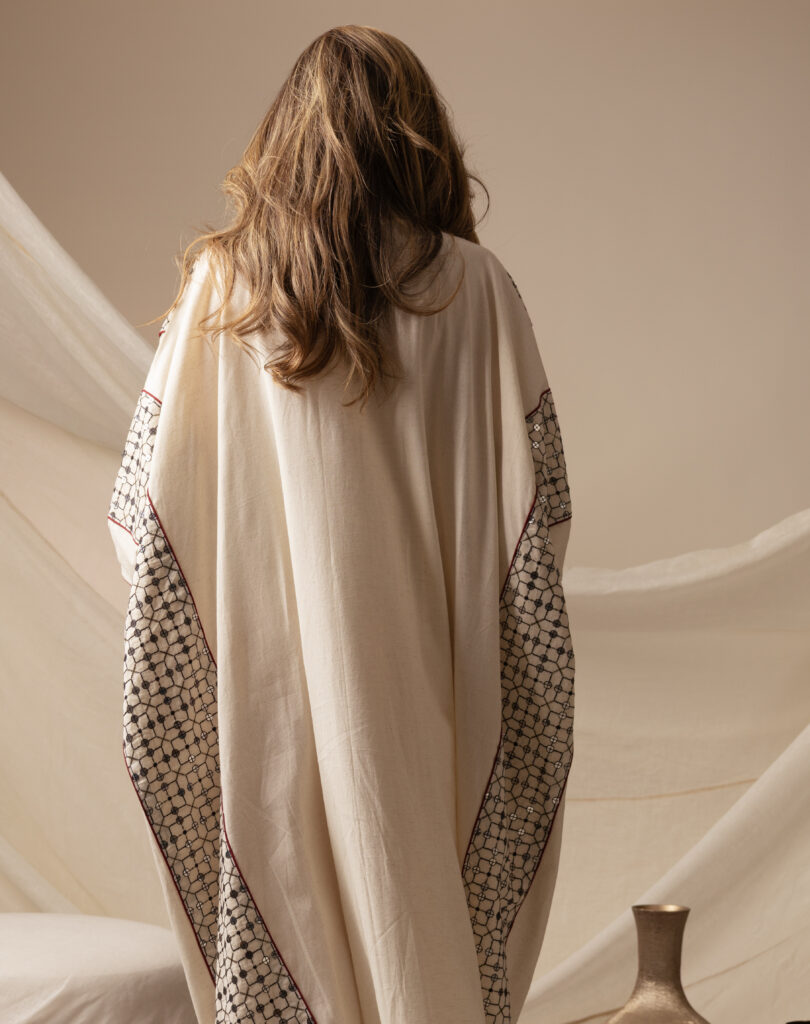 Linen Beige Kaftan with Maroon Piping
