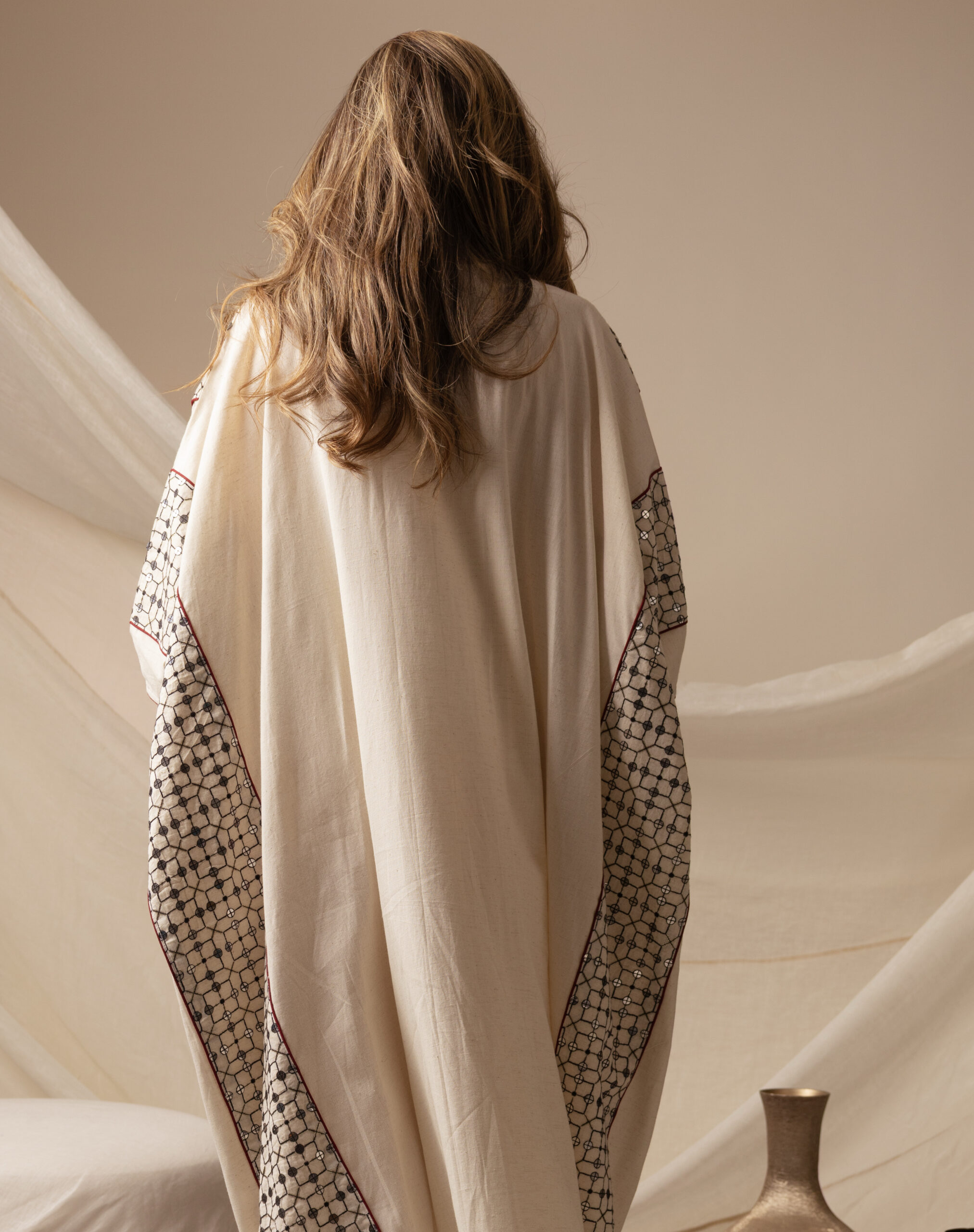 Linen Beige Kaftan with Maroon Piping - Image 6