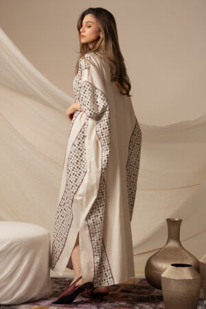 Linen Beige Kaftan with Maroon Piping
