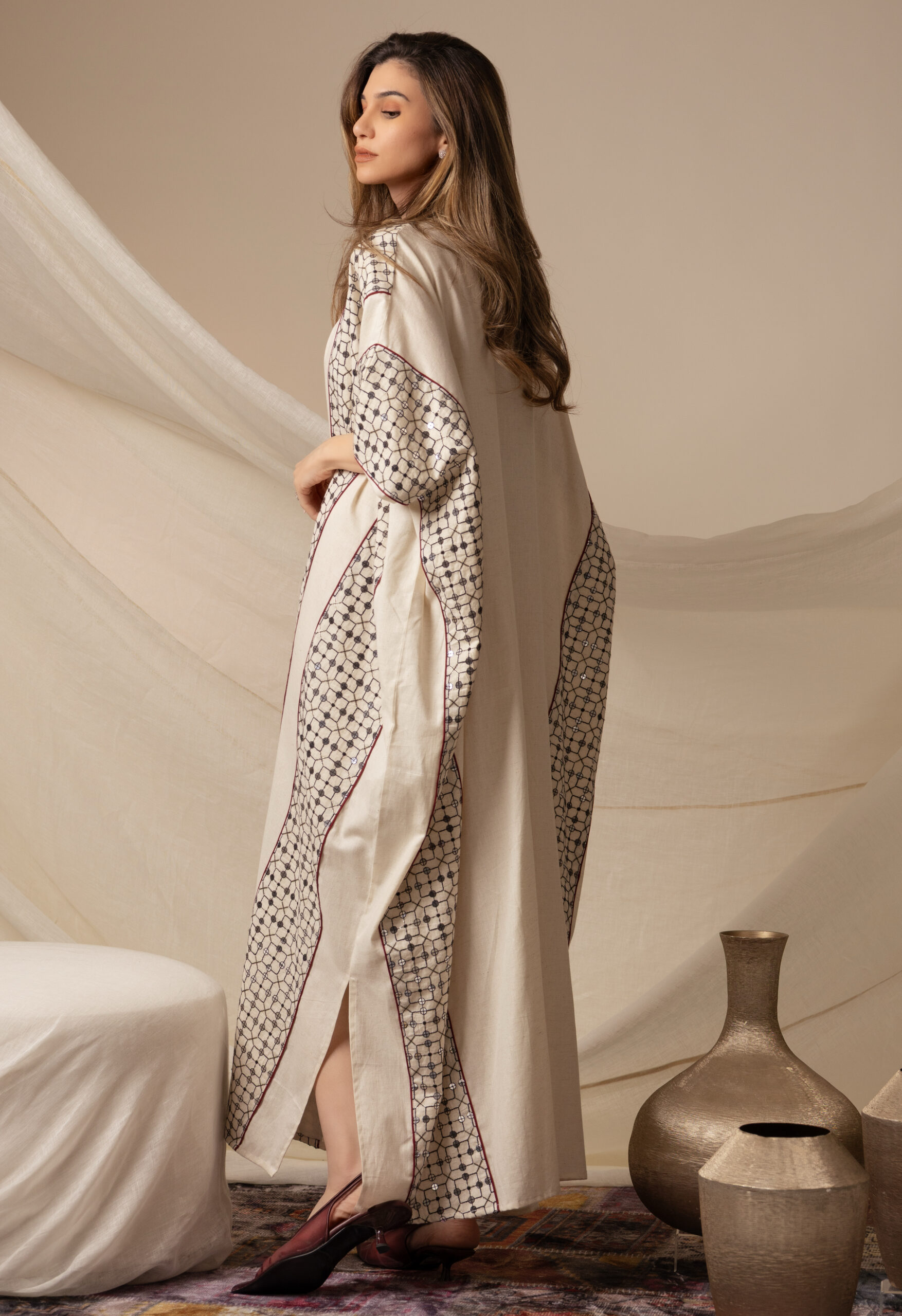 Linen Beige Kaftan with Maroon Piping - Image 1
