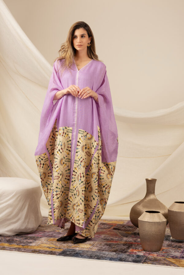 Purple Linen Kaftan with Beige Drawing