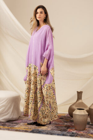Purple Linen Kaftan with Beige Drawing - Image 2
