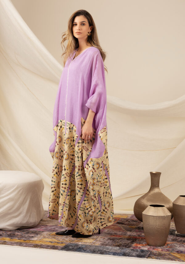 Purple Linen Kaftan with Beige Drawing