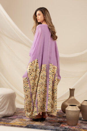 Purple Linen Kaftan with Beige Drawing - Image 4
