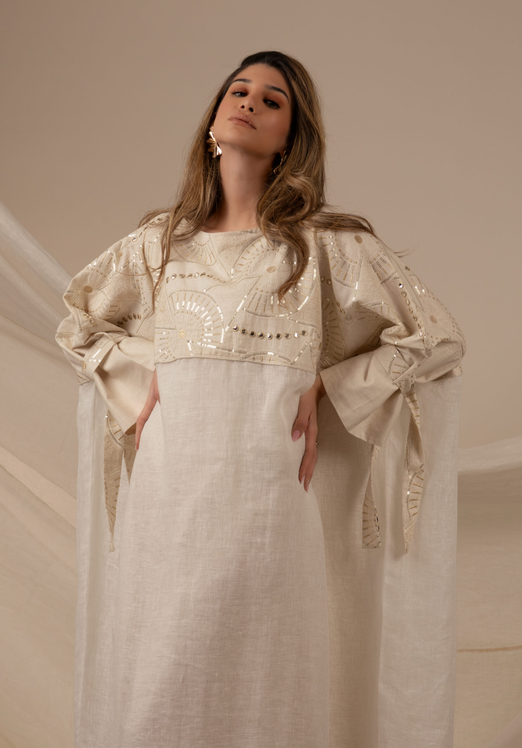 Linen Beige Kaftan with Golden Zeej - Image 1