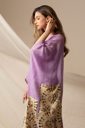 Purple Linen Kaftan with Beige Drawing - Image 5