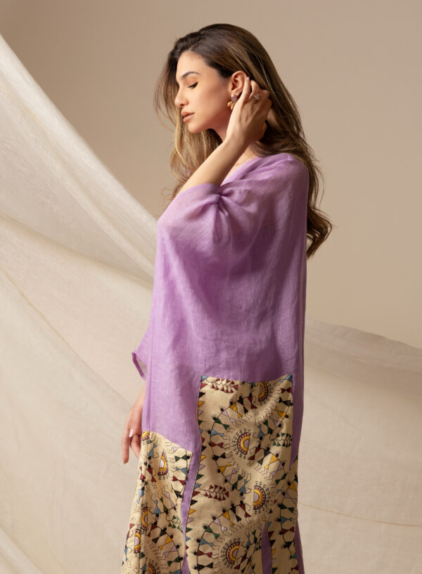 Purple Linen Kaftan with Beige Drawing